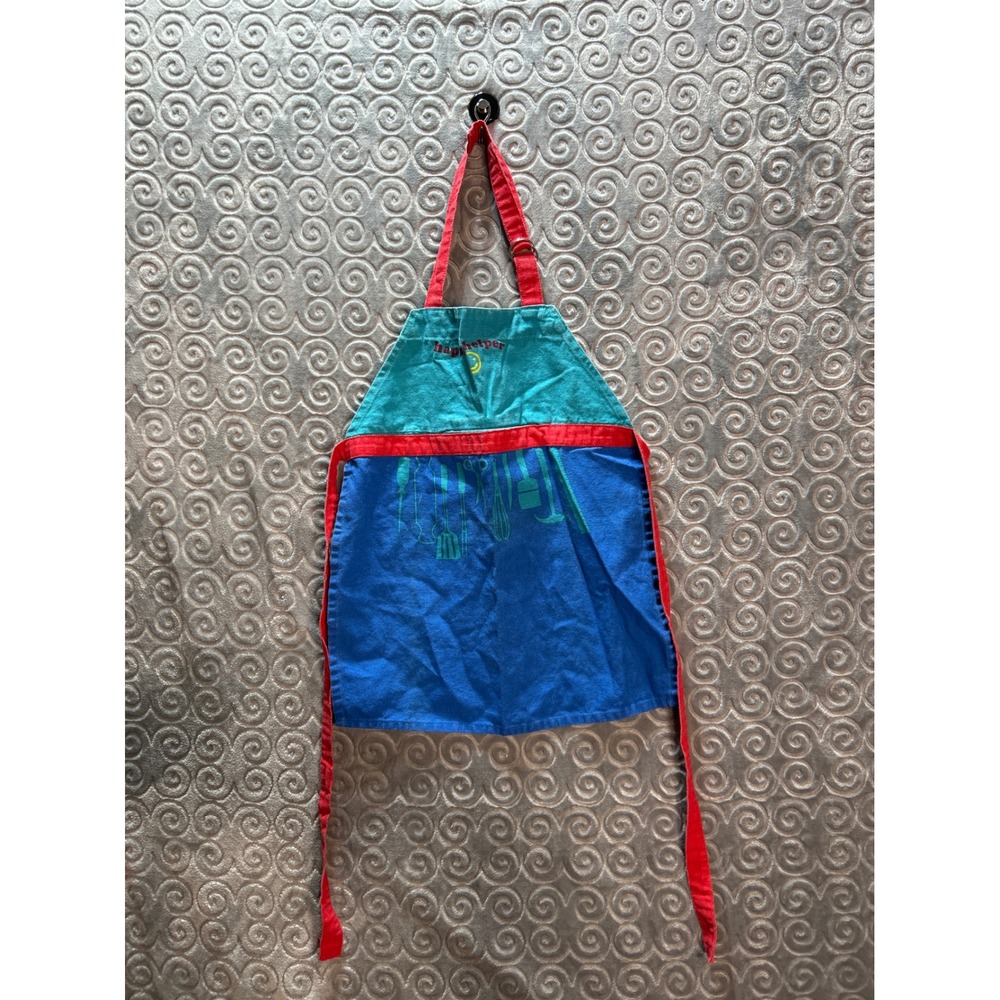 Mukitchen Happy Helper Kids Apron Blue‎ Red Teal Kitchen Utensil Print Cotton